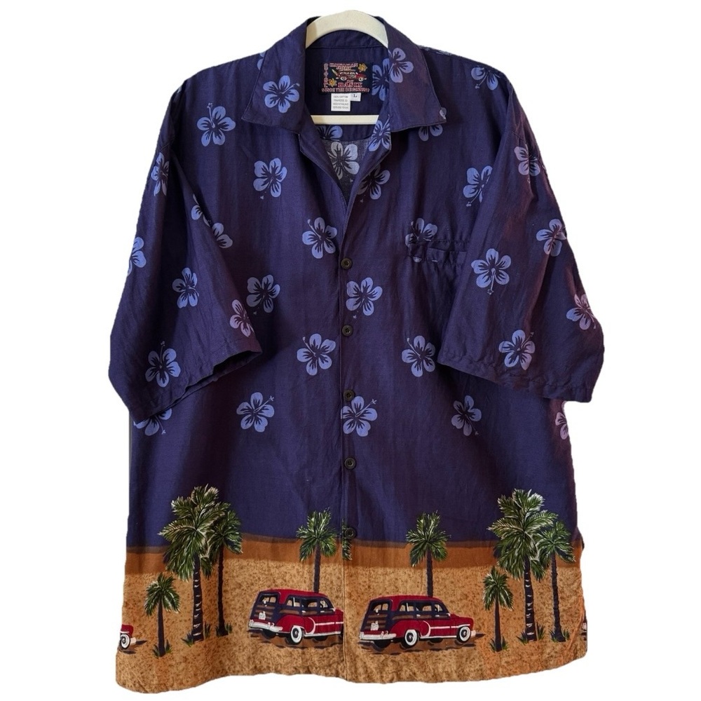 Basix Hawaiian Shirt Mens L Blue Hibiscus Palm Trees Cars Border Aloha